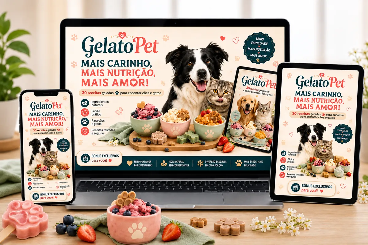 Gelato Pet exibido no celular, tablet e computador, acompanhado de um cão, um gato e picolés em formato de patinha