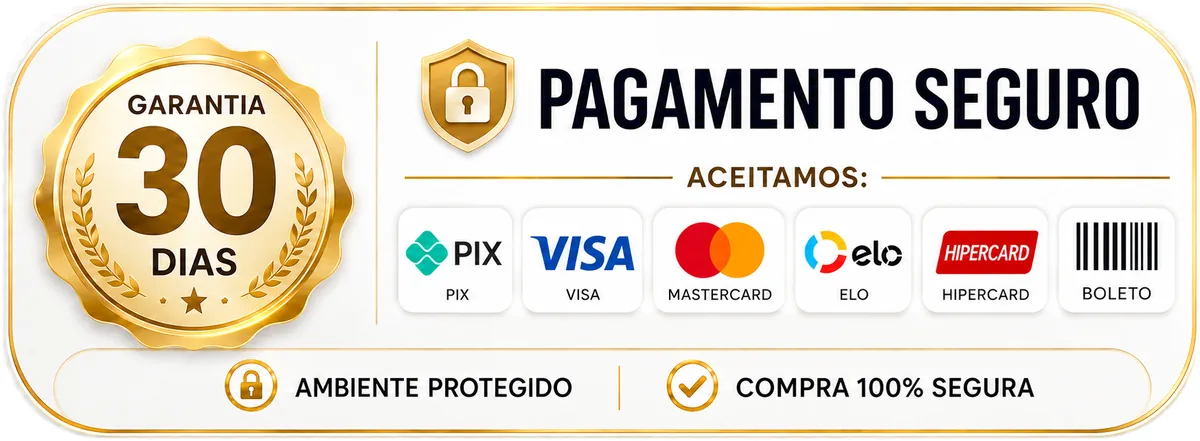 Pagamento seguro — Aceitamos Pix, Visa, Mastercard, Elo, Hipercard e Boleto. Ambiente protegido, compra 100% segura.